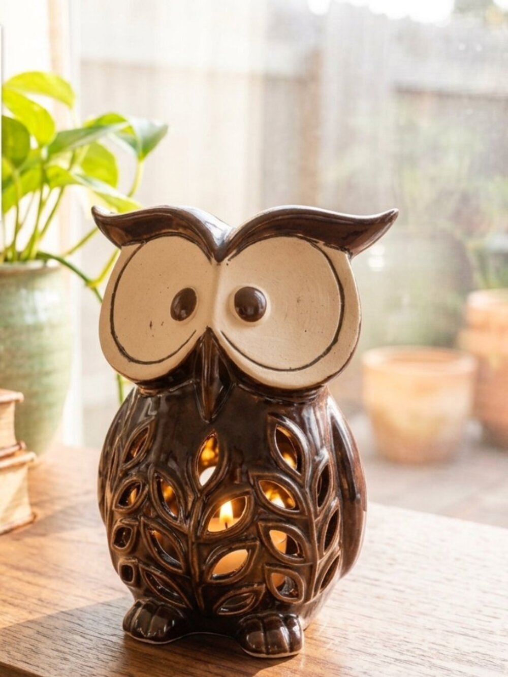 Ceramic Owl Wax Melt Warmer & Tea Light Candle Holder - Brown Glaze
